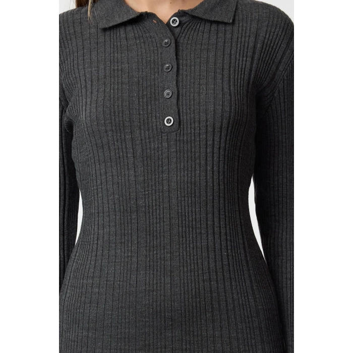 Kadın Moda Şık Tesettür Maxi Boy Polo Yaka Fitted Ribana Triko Elbise