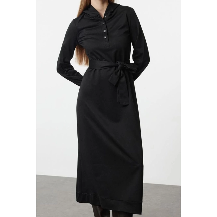 Kadın Moda Şık Tesettür Maxi Boy Kapüşonlu Oversize Normal Kalıp Örme Elbise