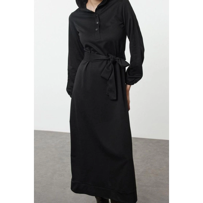 Kadın Moda Şık Tesettür Maxi Boy Kapüşonlu Oversize Normal Kalıp Örme Elbise