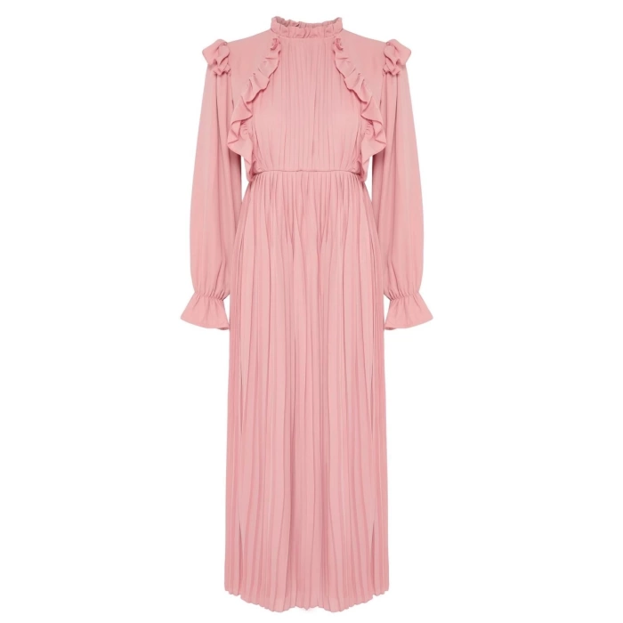 Women Fashion Stylish Hijab Maxi Length Stand Collar Slim X Artificial Intelligence Pleated Dress