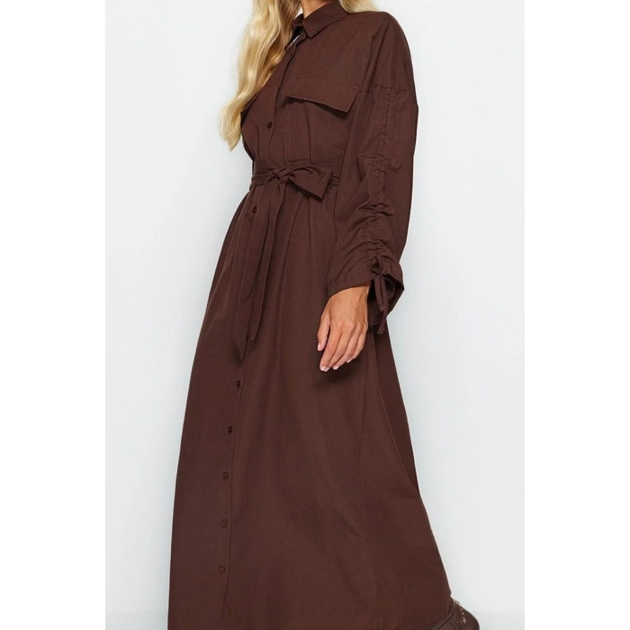 Womens Hijab Maxi Length Oversize Belted Adjustable Sleeves Cotton Woven Shirt Dress