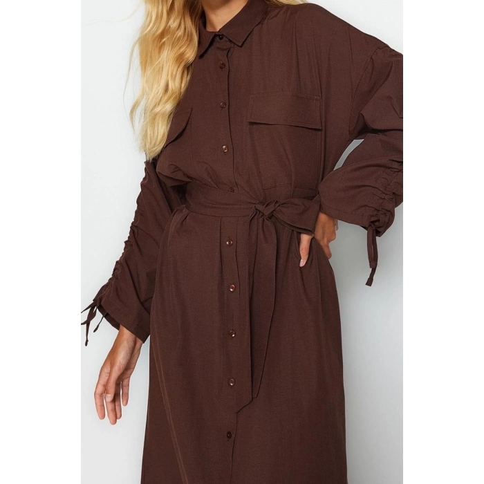 Womens Hijab Maxi Length Oversize Belted Adjustable Sleeves Cotton Woven Shirt Dress