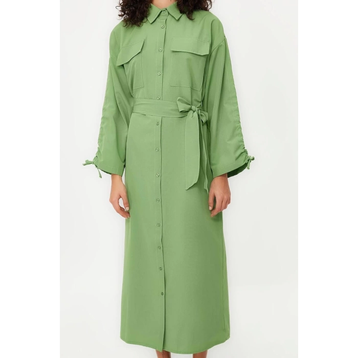Womens Hijab Maxi Length Oversize Belted Adjustable Sleeves Cotton Woven Shirt Dress