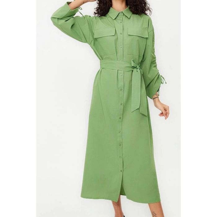 Womens Hijab Maxi Length Oversize Belted Adjustable Sleeves Cotton Woven Shirt Dress