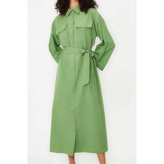 Womens Hijab Maxi Length Oversize Belted Adjustable Sleeves Cotton Woven Shirt Dress