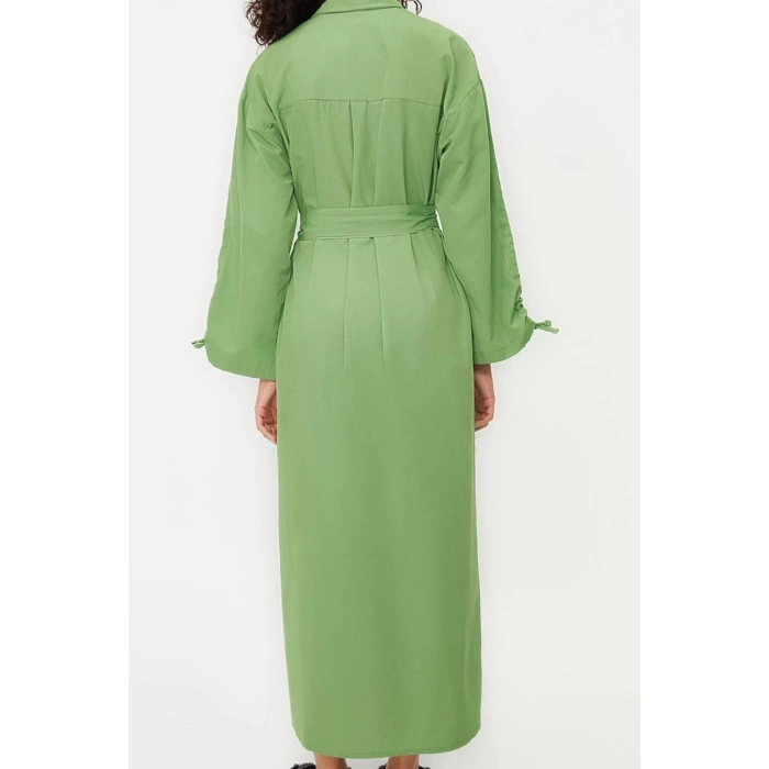 Womens Hijab Maxi Length Oversize Belted Adjustable Sleeves Cotton Woven Shirt Dress