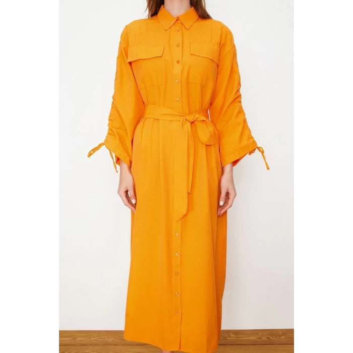 Womens Hijab Maxi Length Oversize Belted Adjustable Sleeves Cotton Woven Shirt Dress
