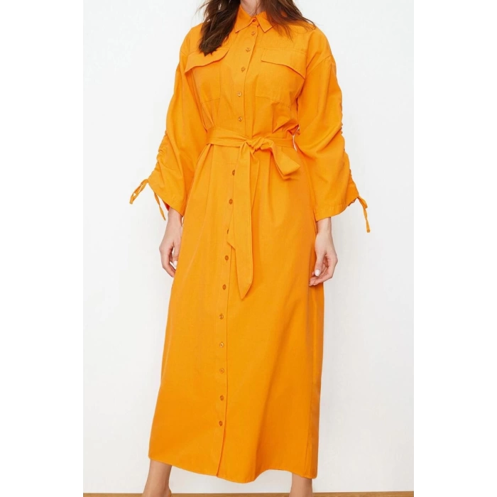 Womens Hijab Maxi Length Oversize Belted Adjustable Sleeves Cotton Woven Shirt Dress