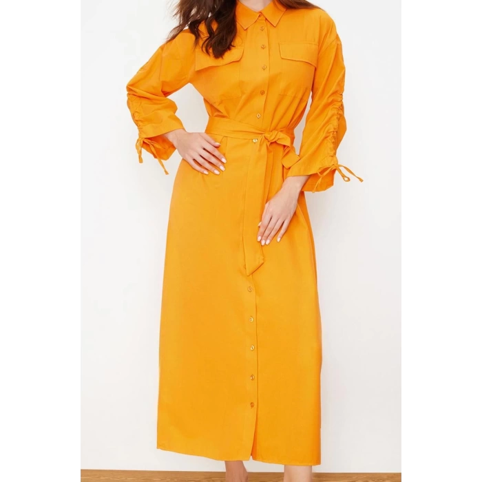 Womens Hijab Maxi Length Oversize Belted Adjustable Sleeves Cotton Woven Shirt Dress