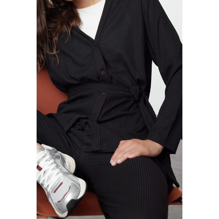 Womens Fashion Stylish Straight Leg Standard Length Black Belted Oversize Ribbed Knit Tunic-Pants Set