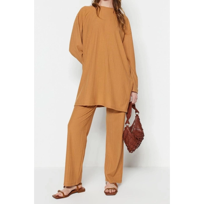 Women Fashion Stylish Straight Leg Regular Length Long Sleeve Pleated Tunic-Pants Knitted Set