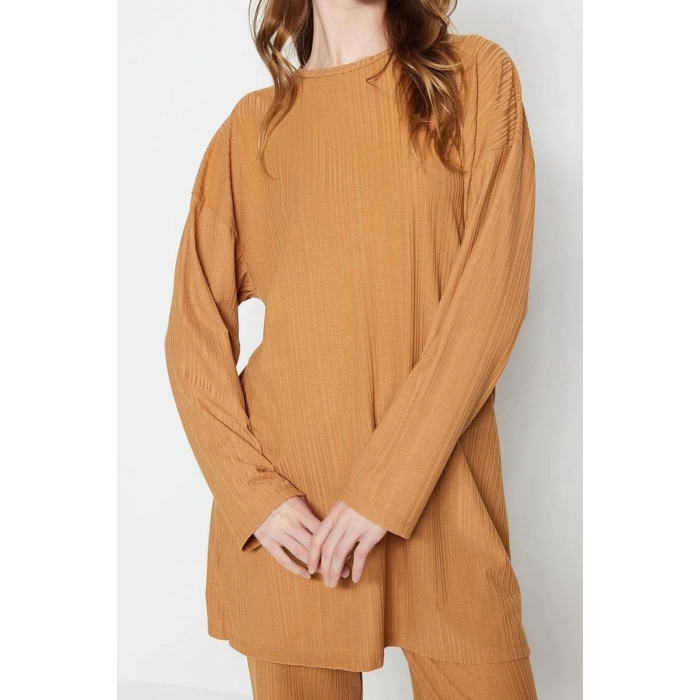 Women Fashion Stylish Straight Leg Regular Length Long Sleeve Pleated Tunic-Pants Knitted Set