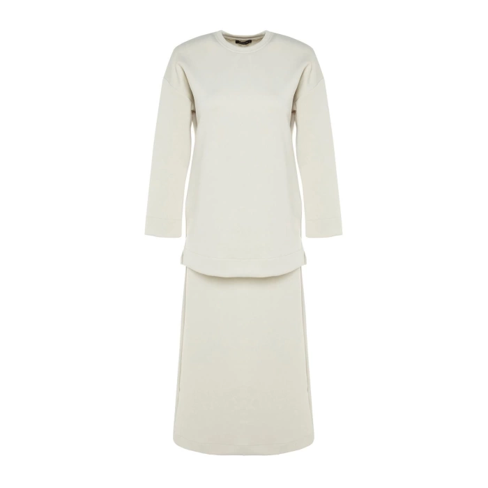 Women Fashion Stylish Regular Long Length Long Sleeve Oversize Knitted Diver Scuba Tunic-Skirt Set