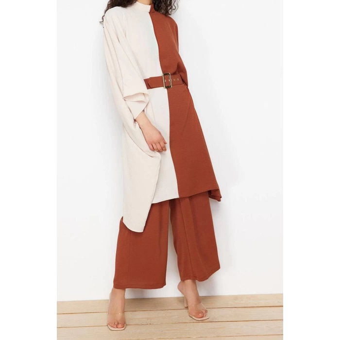 Womens Fashion Stylish Wide Leg Midi Length Long Sleeve Color Block Waist Belted Tunic-Pants Woven Set
