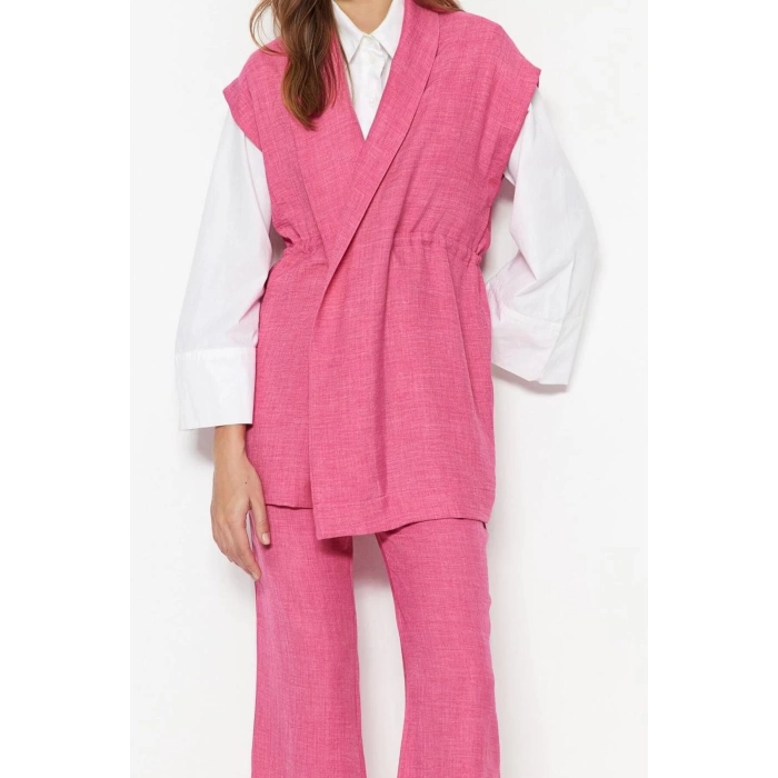 Womens Fashion Stylish Straight Leg Sleeveless Cream Internal Tie Linen Look Kimono-Pants Woven Set