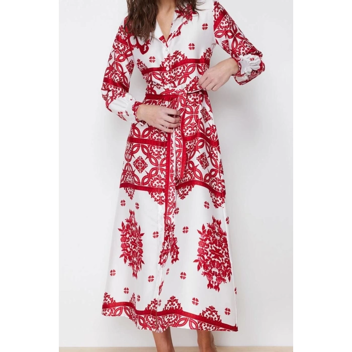 Women Fashion Stylish Hijab Maxi Length Shirt Collar Regular Woven Satin Patterned Shirt Evening Dress