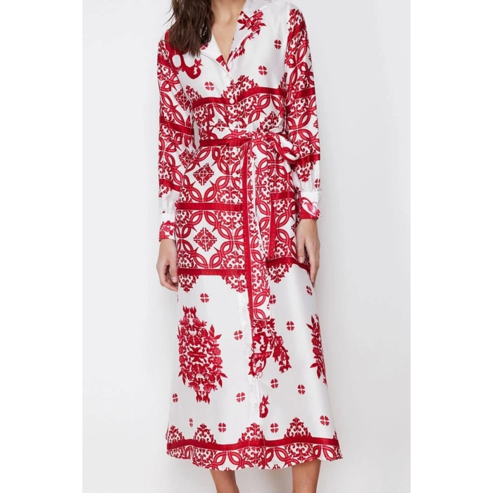 Women Fashion Stylish Hijab Maxi Length Shirt Collar Regular Woven Satin Patterned Shirt Evening Dress