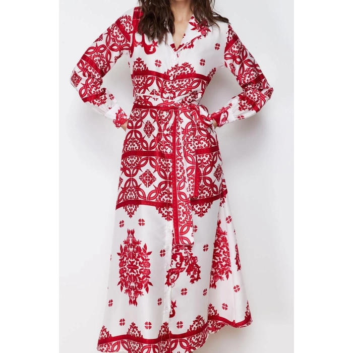 Women Fashion Stylish Hijab Maxi Length Shirt Collar Regular Woven Satin Patterned Shirt Evening Dress