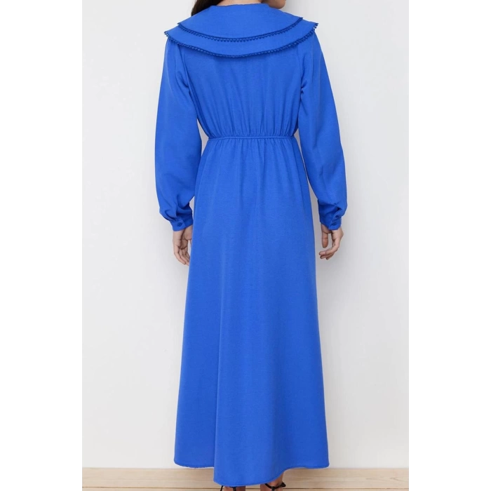 Kadın Moda Şık Tesettür Maxi Boy Bebe Yaka Regular lı Keten Görünümlü Dokuma Elbise