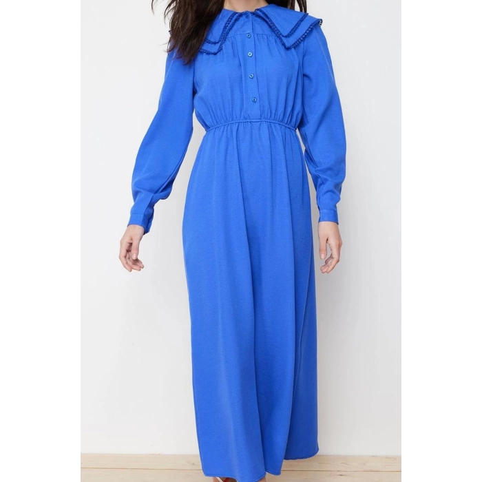 Kadın Moda Şık Tesettür Maxi Boy Bebe Yaka Regular lı Keten Görünümlü Dokuma Elbise