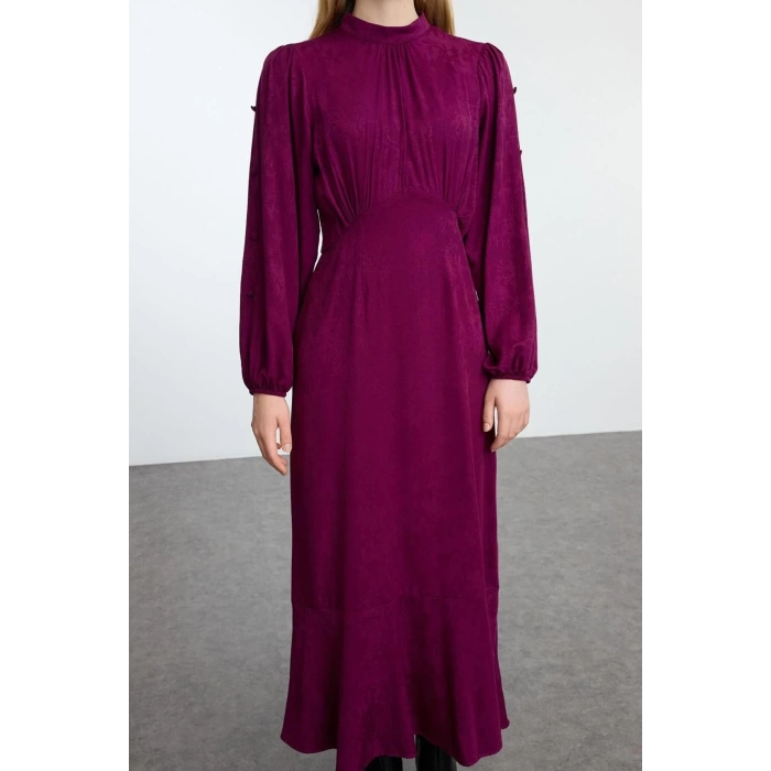 Women Fashion Stylish Hijab Maxi Length Crew Neck Regular Jacquard Floral Woven Dress