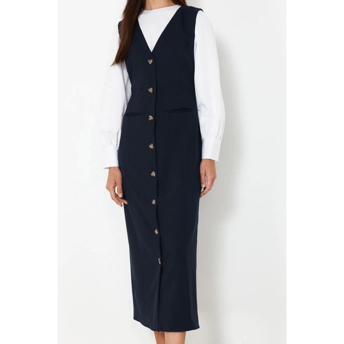 Women Fashion Stylish Hijab Maxi Length V Neck Regular Woven Fabric Vest Dress