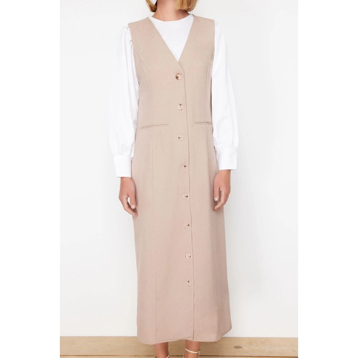 Women Fashion Stylish Hijab Maxi Length V Neck Regular Woven Fabric Vest Dress