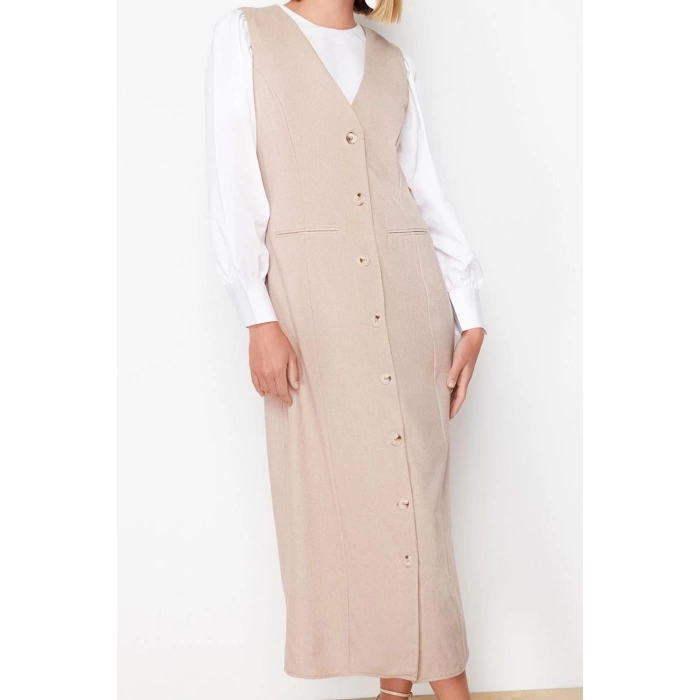 Women Fashion Stylish Hijab Maxi Length V Neck Regular Woven Fabric Vest Dress