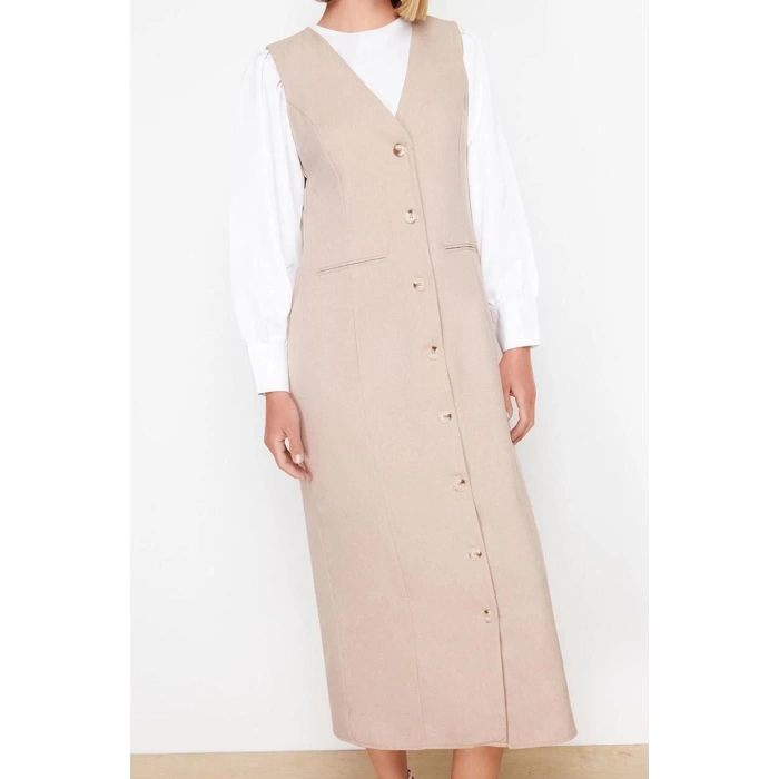 Women Fashion Stylish Hijab Maxi Length V Neck Regular Woven Fabric Vest Dress