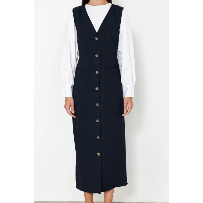 Women Fashion Stylish Hijab Maxi Length V Neck Regular Woven Fabric Vest Dress