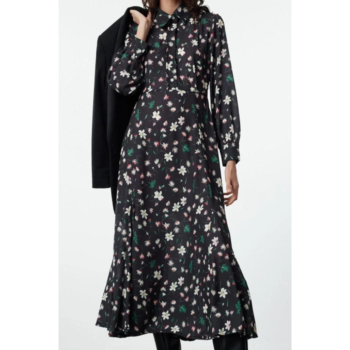 Kadın Moda Şık Tesettür Maxi Boy Hakim Yaka Regular Dokuma Çiçek Desenli Elbise