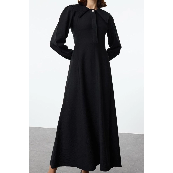 Kadın Moda Şık Tesettür Maxi Boy Bebe Yaka Regular lı Düğme Detaylı Dokuma Elbise