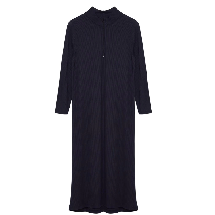 Women Fashion Stylish Hijab Maxi Length Polo Collar Regular Collar Zippered Ribbed Knitted Dress
