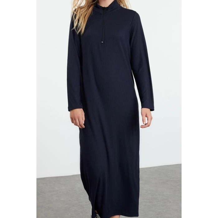 Women Fashion Stylish Hijab Maxi Length Polo Collar Regular Collar Zippered Ribbed Knitted Dress