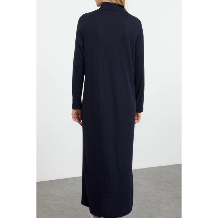 Women Fashion Stylish Hijab Maxi Length Polo Collar Regular Collar Zippered Ribbed Knitted Dress