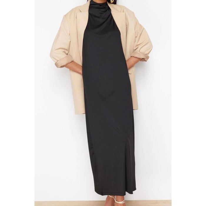 Women Fashion Stylish Hijab Maxi Length Stand Collar Regular Knitted Diver Scuba Sleeveless Lining Underwear Dress