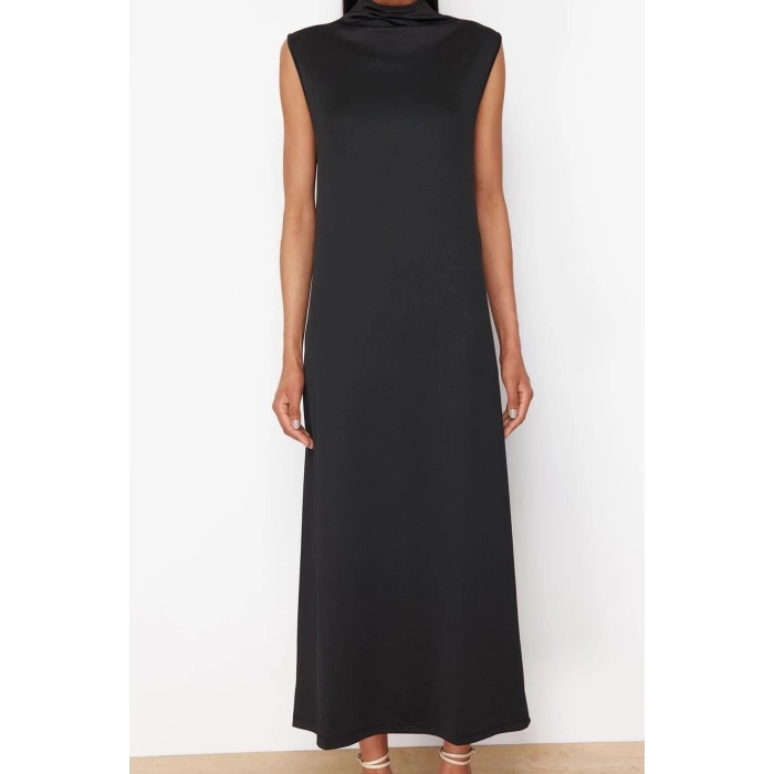 Women Fashion Stylish Hijab Maxi Length Stand Collar Regular Knitted Diver Scuba Sleeveless Lining Underwear Dress