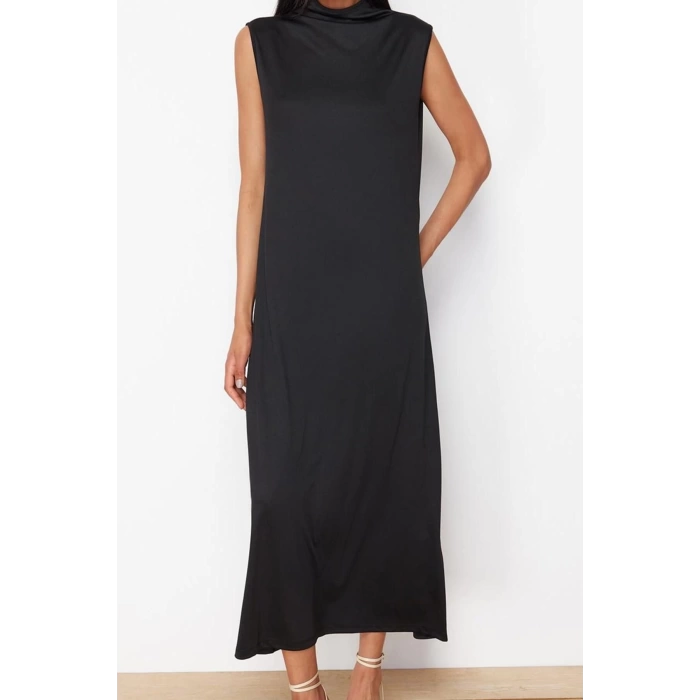 Women Fashion Stylish Hijab Maxi Length Stand Collar Regular Knitted Diver Scuba Sleeveless Lining Underwear Dress