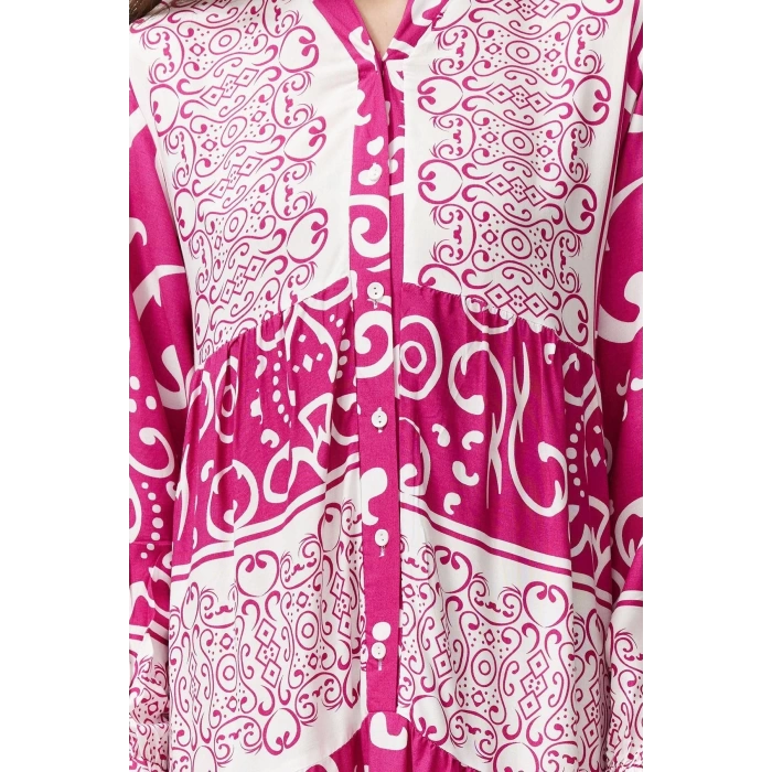 Kadın Moda Şık Tesettür Maxi Boy V Yaka Relaxed Şal Desenli Düğme Detaylı Dokuma Elbise
