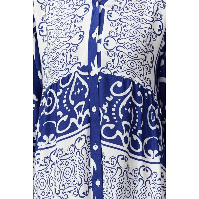 Kadın Moda Şık Tesettür Maxi Boy V Yaka Relaxed Şal Desenli Düğme Detaylı Dokuma Elbise