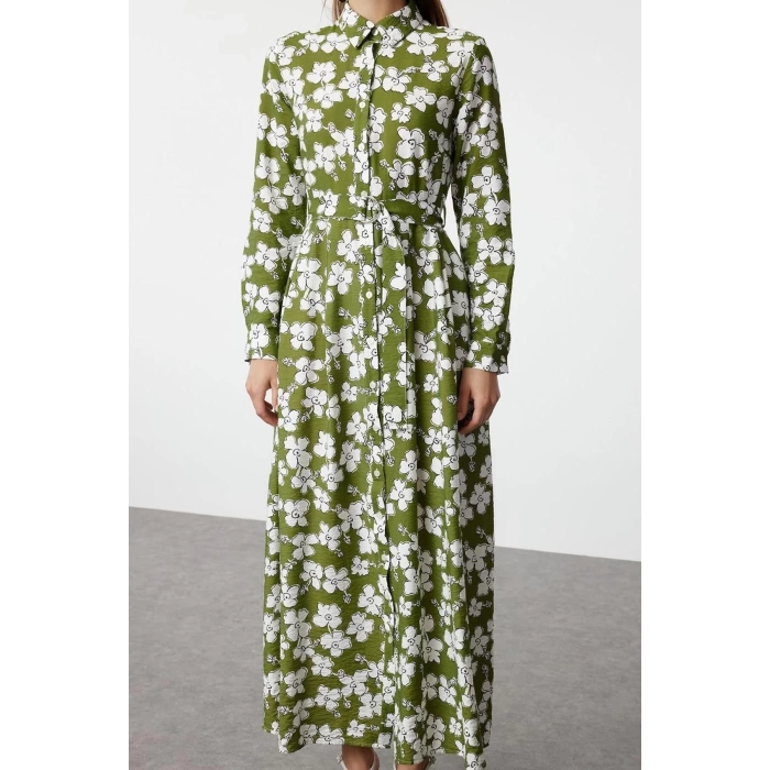 Women Fashion Stylish Hijab Midi Length Shirt Collar Regular Floral Patterned Belted Woven Dress