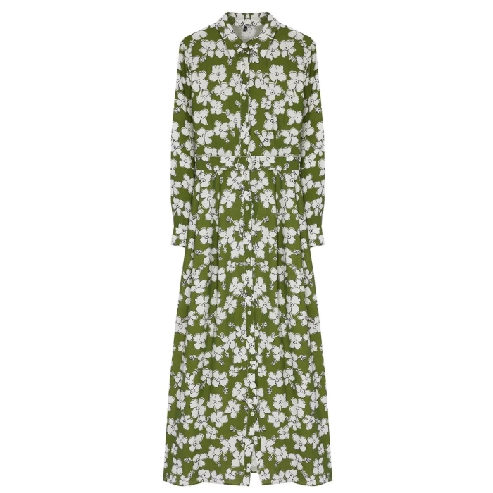 Women Fashion Stylish Hijab Midi Length Shirt Collar Regular Floral Patterned Belted Woven Dress