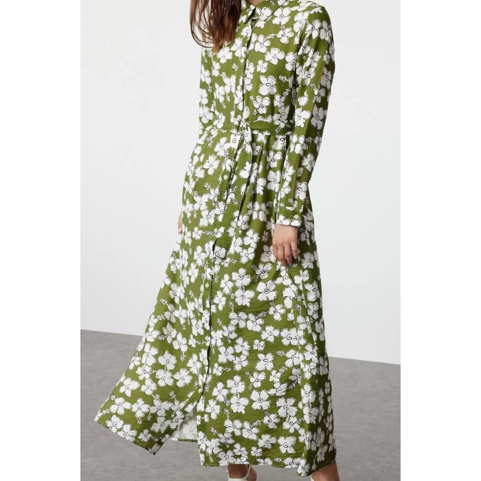 Women Fashion Stylish Hijab Midi Length Shirt Collar Regular Floral Patterned Belted Woven Dress