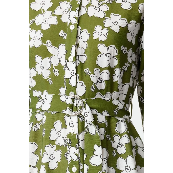 Women Fashion Stylish Hijab Midi Length Shirt Collar Regular Floral Patterned Belted Woven Dress