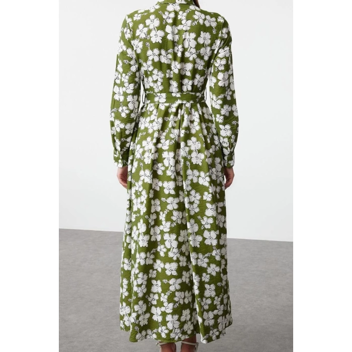 Women Fashion Stylish Hijab Midi Length Shirt Collar Regular Floral Patterned Belted Woven Dress