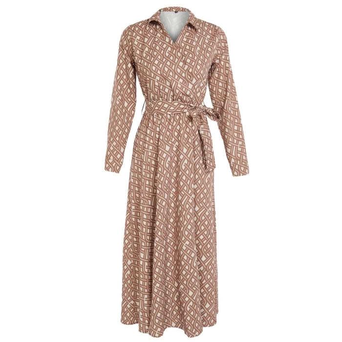 Women Fashion Stylish Hijab Maxi Length Double Breasted Regular Mono Patterned Belted Satin Woven Dress