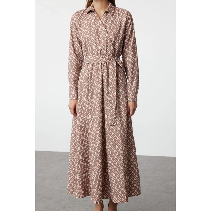 Women Fashion Stylish Hijab Maxi Length Double Breasted Regular Mono Patterned Belted Satin Woven Dress