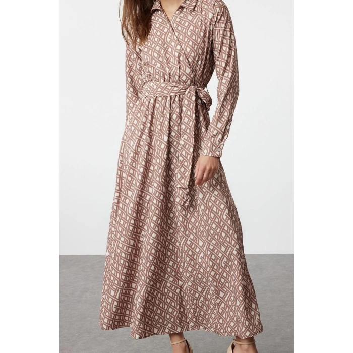 Women Fashion Stylish Hijab Maxi Length Double Breasted Regular Mono Patterned Belted Satin Woven Dress