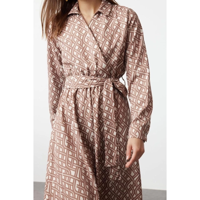 Women Fashion Stylish Hijab Maxi Length Double Breasted Regular Mono Patterned Belted Satin Woven Dress