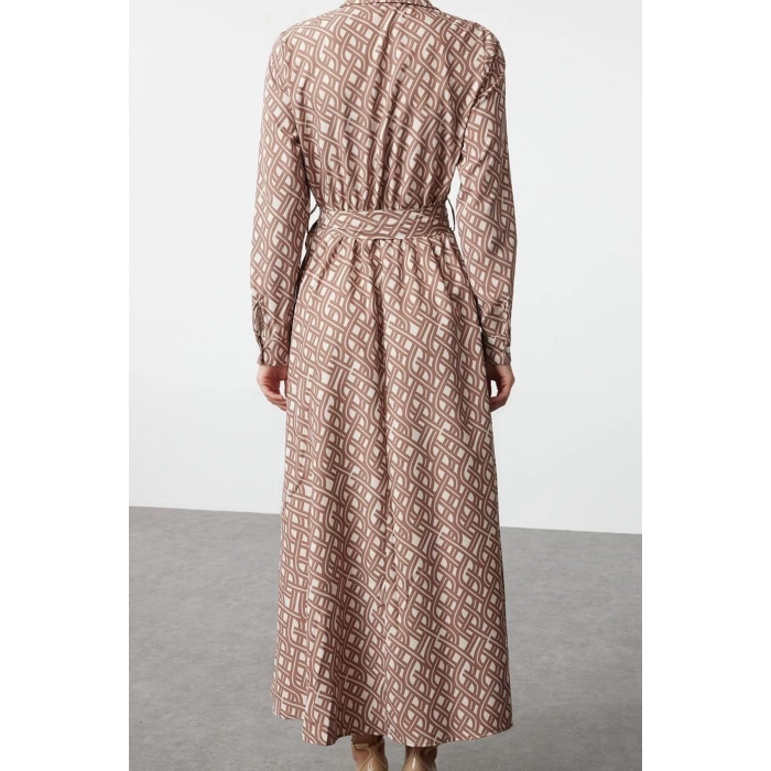 Women Fashion Stylish Hijab Maxi Length Double Breasted Regular Mono Patterned Belted Satin Woven Dress